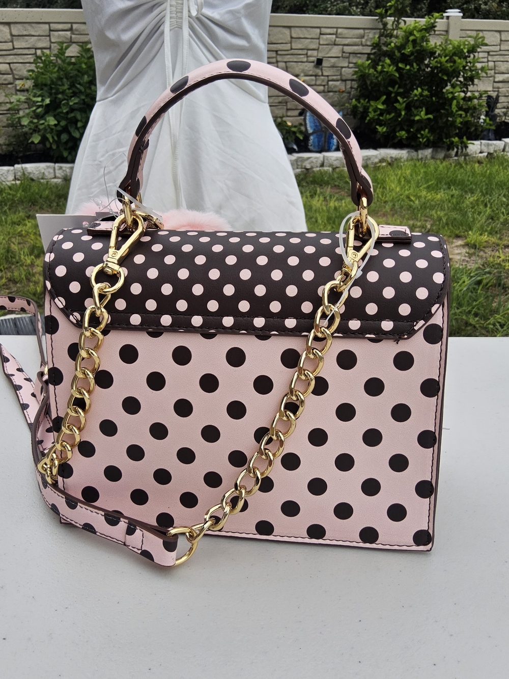 NWT- Betsey Johnson Pink & Brown Polka Dot Top-Handle Satchel with Pink Pom - Picture 4 of 6